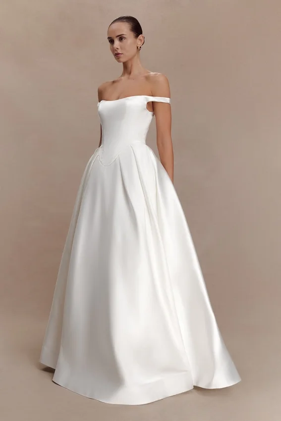 Willow Off Shoulder Satin Maxi Gown – White Willow Off Shoulder Satin Maxi Gown – White
