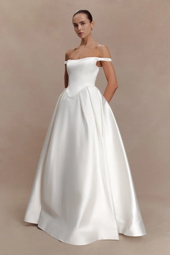 Willow Off Shoulder Satin Maxi Gown – White Willow Off Shoulder Satin Maxi Gown – White