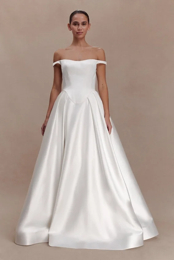 Willow Off Shoulder Satin Maxi Gown – White Willow Off Shoulder Satin Maxi Gown – White