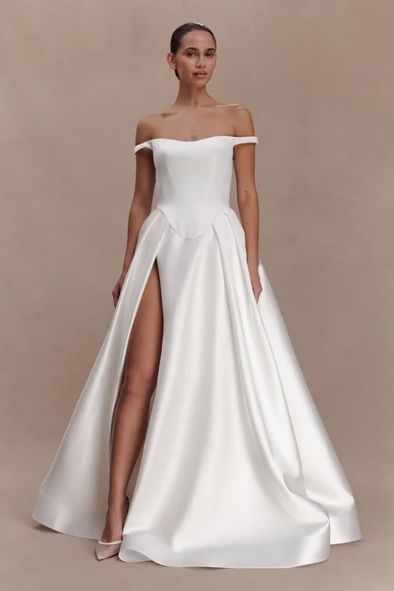 Willow Off Shoulder Satin Maxi Gown – White Willow Off Shoulder Satin Maxi Gown – White