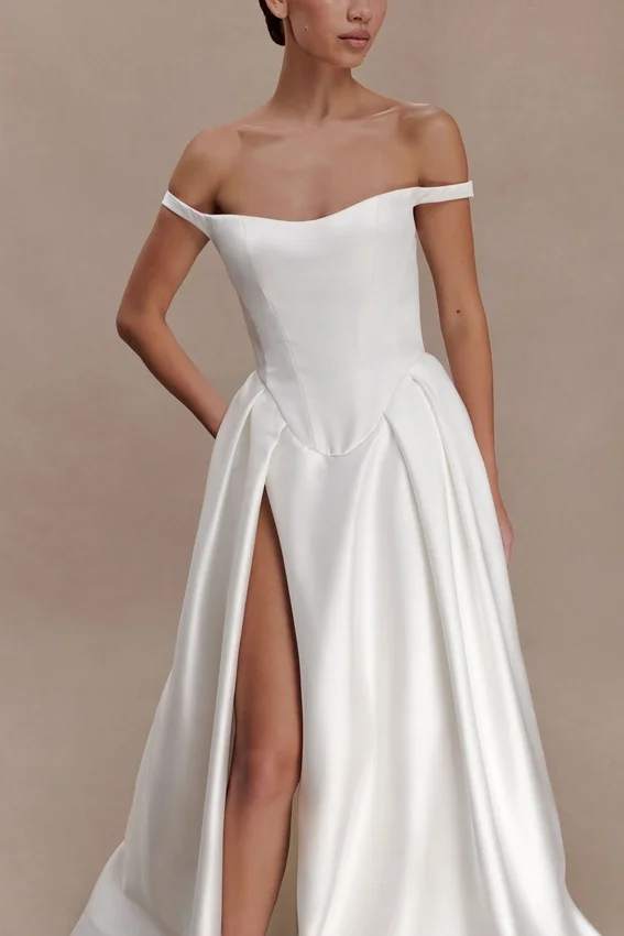 Willow Off Shoulder Satin Maxi Gown – White Willow Off Shoulder Satin Maxi Gown – White