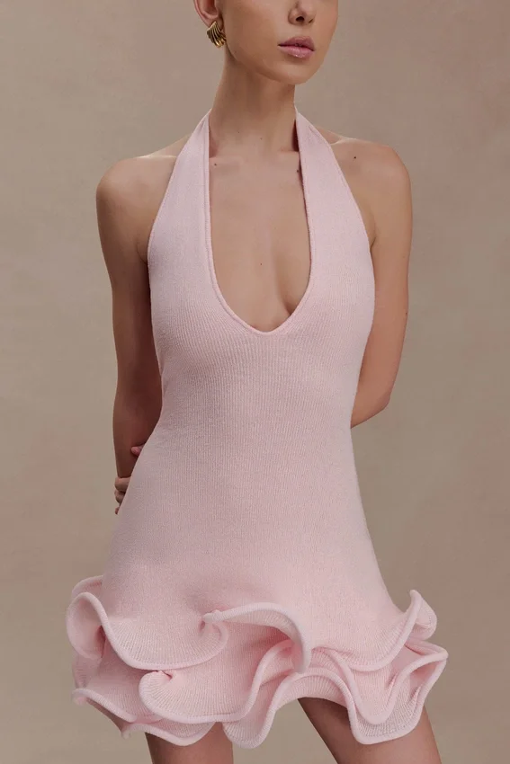 Willowmena Halter Neckline Mini Dress With Tubed Hem – Baby Pink Willowmena Halter Neckline Mini Dress With Tubed Hem – Baby Pink