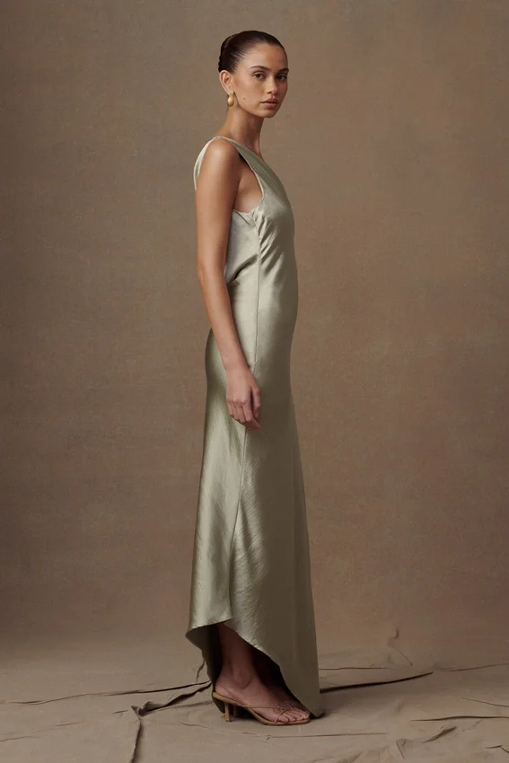 Yvette Slip Maxi Dress With Asymmetrical Hem – Sage Yvette Slip Maxi Dress With Asymmetrical Hem – Sage