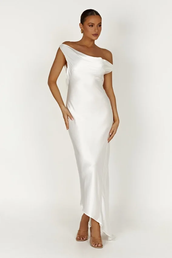 Yvette Slip Maxi Dress With Asymmetrical Hem – White Yvette Slip Maxi Dress With Asymmetrical Hem – White
