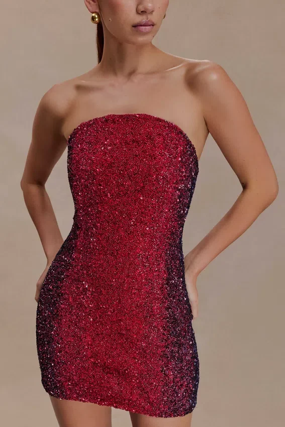 Zander Hand Beaded Strapless Mini Dress – Red Ombre Zander Hand Beaded Strapless Mini Dress – Red Ombre